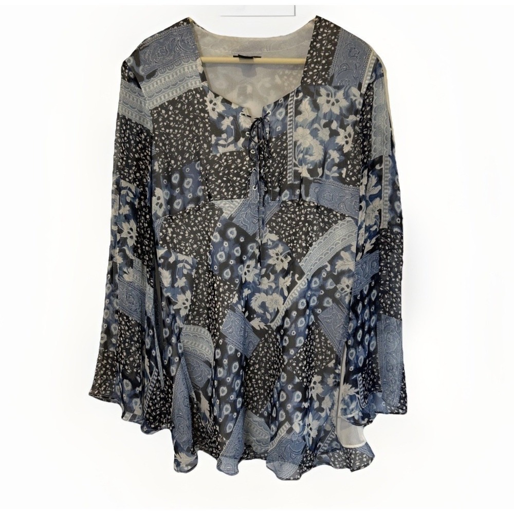 Silkland Blouse Womens XL Blue Patchwork Lace Up Tunic Fairycore Silk Chiffon